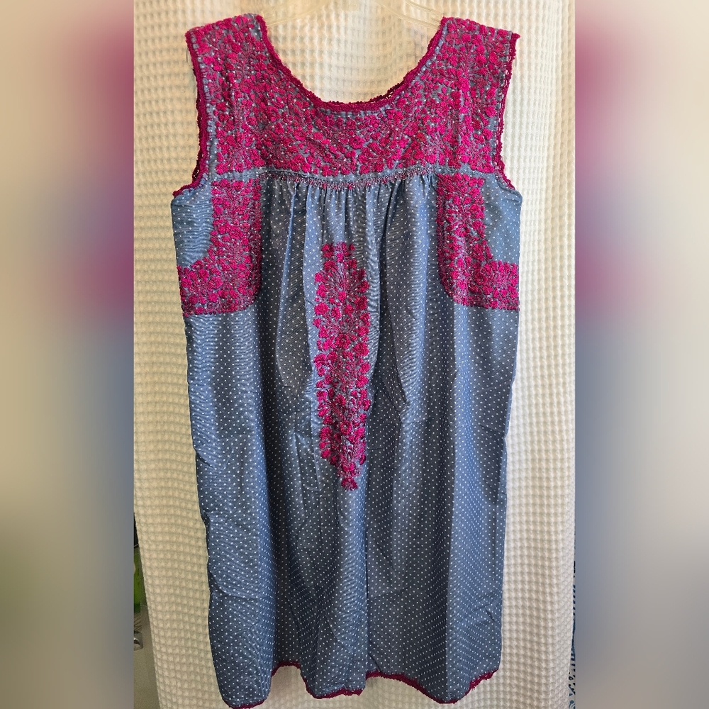 Sleeveless Blue Polka Dot Dress with Pink Embroidered Yoke